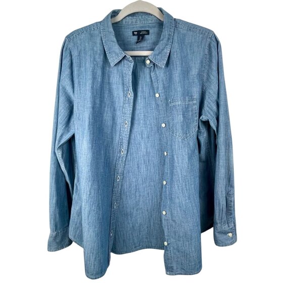 GAP Fitted Boyfriend Shirt Indigo Cotton Denim Button Down Womens L Long Sleeve - Picture 3 of 13